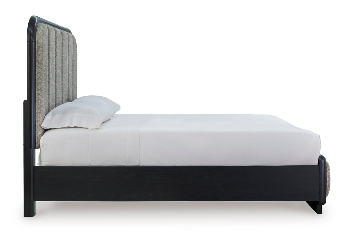 Rowanbeck Gray/Black Queen Upholstered Panel Bed from Ashley - Luna Furniture