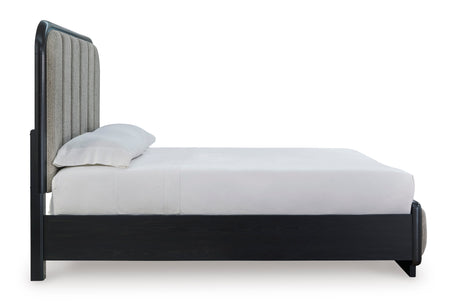 Rowanbeck Gray/Black Queen Upholstered Panel Bed from Ashley - Luna Furniture