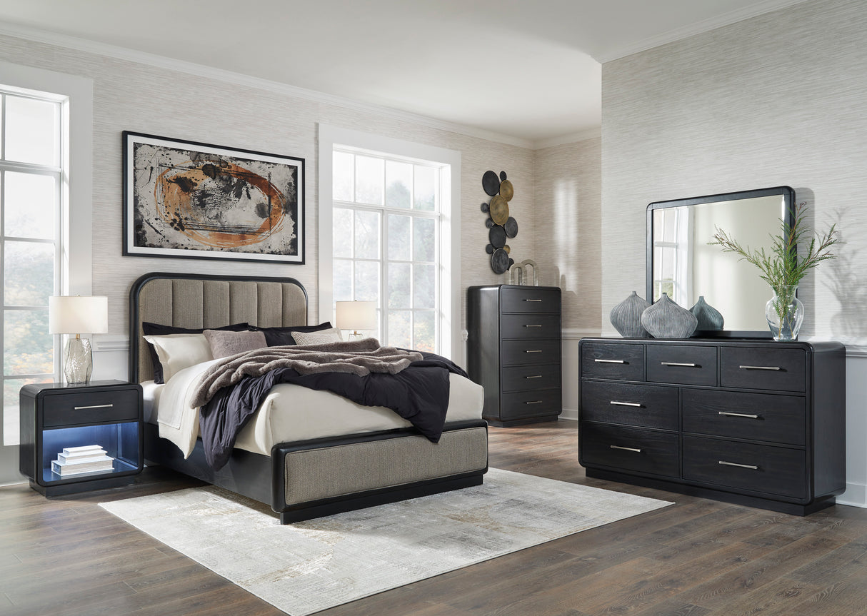 Rowanbeck Gray/Black Upholstered Panel Bedroom Set from Ashley - Luna Furniture