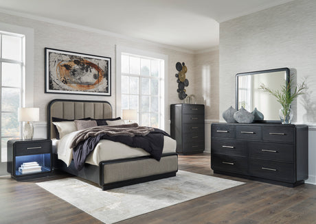 Rowanbeck Gray/Black Upholstered Panel Bedroom Set from Ashley - Luna Furniture