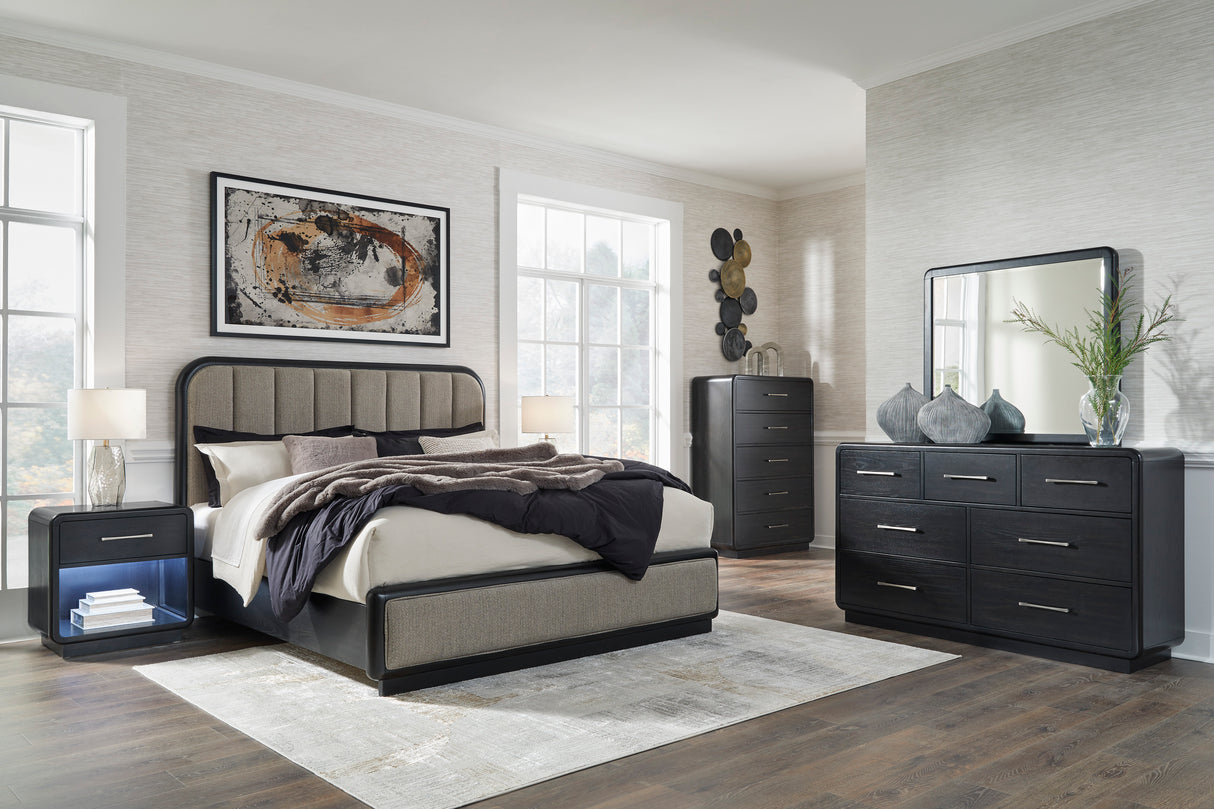 Rowanbeck Gray/Black Upholstered Panel Bedroom Set from Ashley - Luna Furniture
