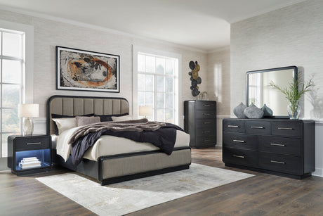Rowanbeck Gray/Black Upholstered Panel Bedroom Set from Ashley - Luna Furniture