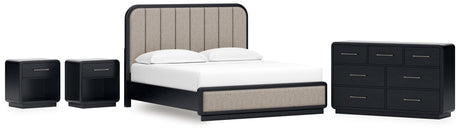 Rowanbeck King Upholstered Panel Bed with Dresser and 2 Nightstands in Gray/Black from Ashley - Luna Furniture
