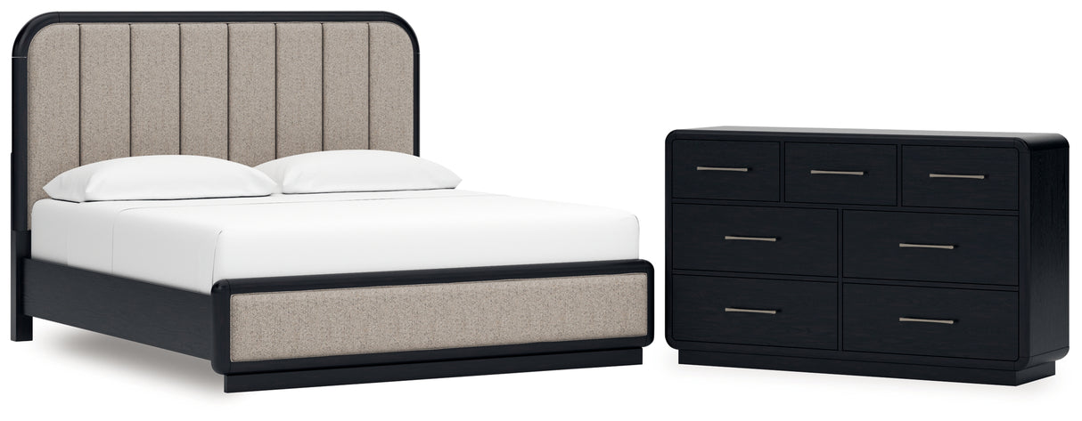 Rowanbeck King Upholstered Panel Bed with Dresser in Gray/Black from Ashley - Luna Furniture