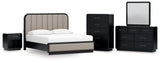 Rowanbeck King Upholstered Panel Bed with Mirrored Dresser, Chest and Nightstand in Gray/Black from Ashley - Luna Furniture