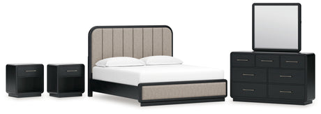 Rowanbeck King Upholstered Panel Bed with Mirrored Dresser and 2 Nightstands in Gray/Black from Ashley - Luna Furniture