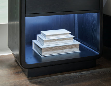 Rowanbeck King Upholstered Panel Bed with Mirrored Dresser and 2 Nightstands in Gray/Black from Ashley - Luna Furniture