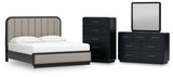 Rowanbeck King Upholstered Panel Bed with Mirrored Dresser and Chest in Gray/Black from Ashley - Luna Furniture