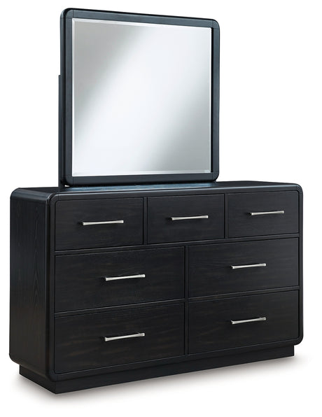 Rowanbeck King Upholstered Panel Bed with Mirrored Dresser and Nightstand in Gray/Black from Ashley - Luna Furniture