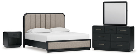 Rowanbeck King Upholstered Panel Bed with Mirrored Dresser and Nightstand in Gray/Black from Ashley - Luna Furniture