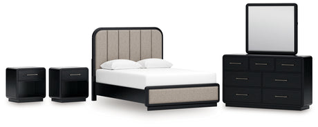 Rowanbeck Queen Upholstered Panel Bed with Mirrored Dresser and 2 Nightstands in Gray/Black from Ashley - Luna Furniture