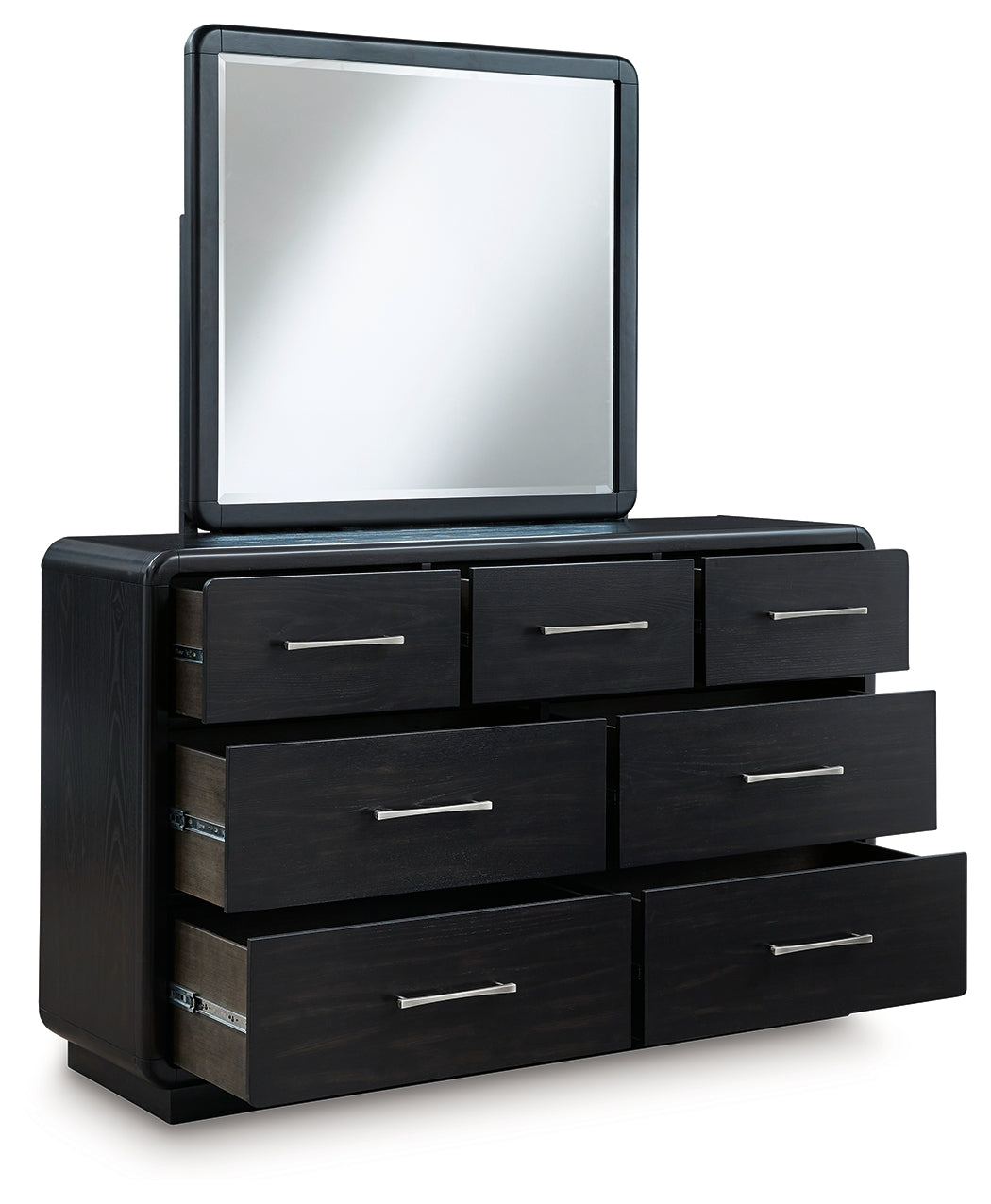 Rowanbeck Queen Upholstered Panel Bed with Mirrored Dresser and 2 Nightstands in Gray/Black from Ashley - Luna Furniture