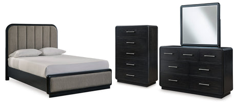 Rowanbeck Queen Upholstered Panel Bed with Mirrored Dresser and Chest in Gray/Black from Ashley - Luna Furniture