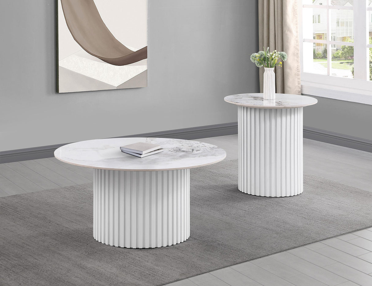 Rowena White 2-Piece Faux Marble Coffee and End Table Set from Coaster - Luna Furniture