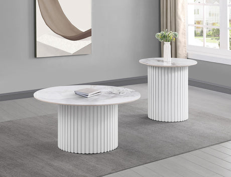 Rowena White 2-Piece Faux Marble Coffee and End Table Set from Coaster - Luna Furniture