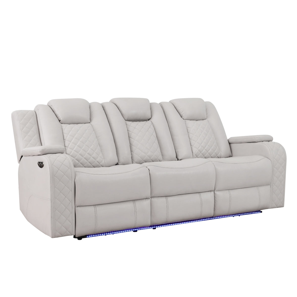 Radiant Gray/White Power Reclining Sofa with LED Lights and Drop-Down Table