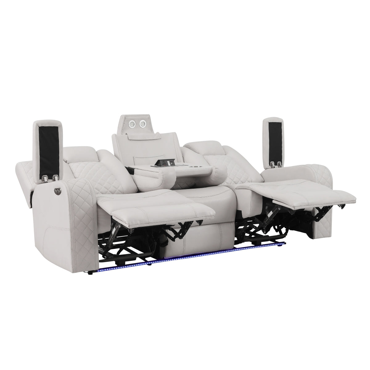 Radiant Gray/White Power Reclining Sofa with LED Lights and Drop-Down Table