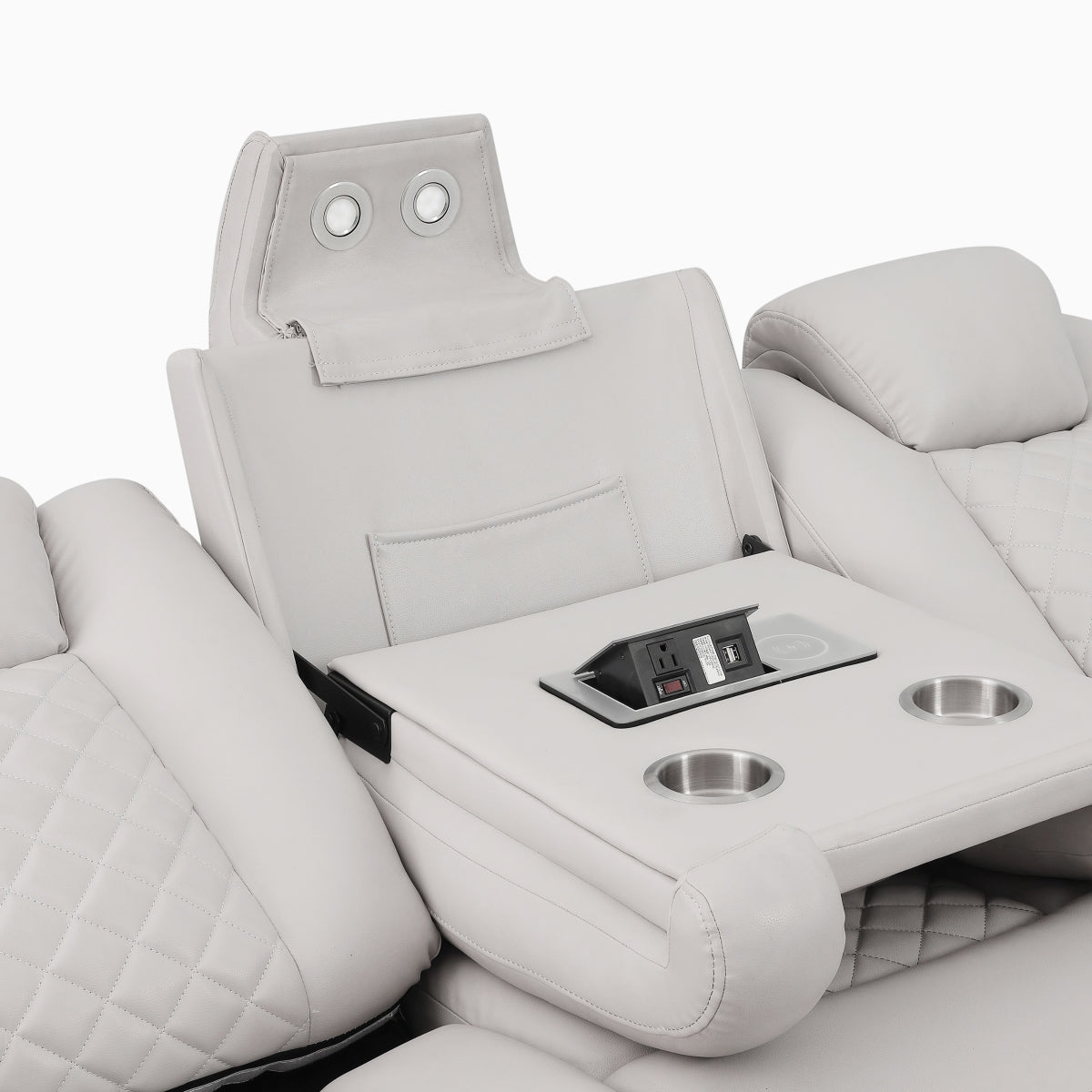 Radiant Gray/White Power Reclining Sofa with LED Lights and Drop-Down Table