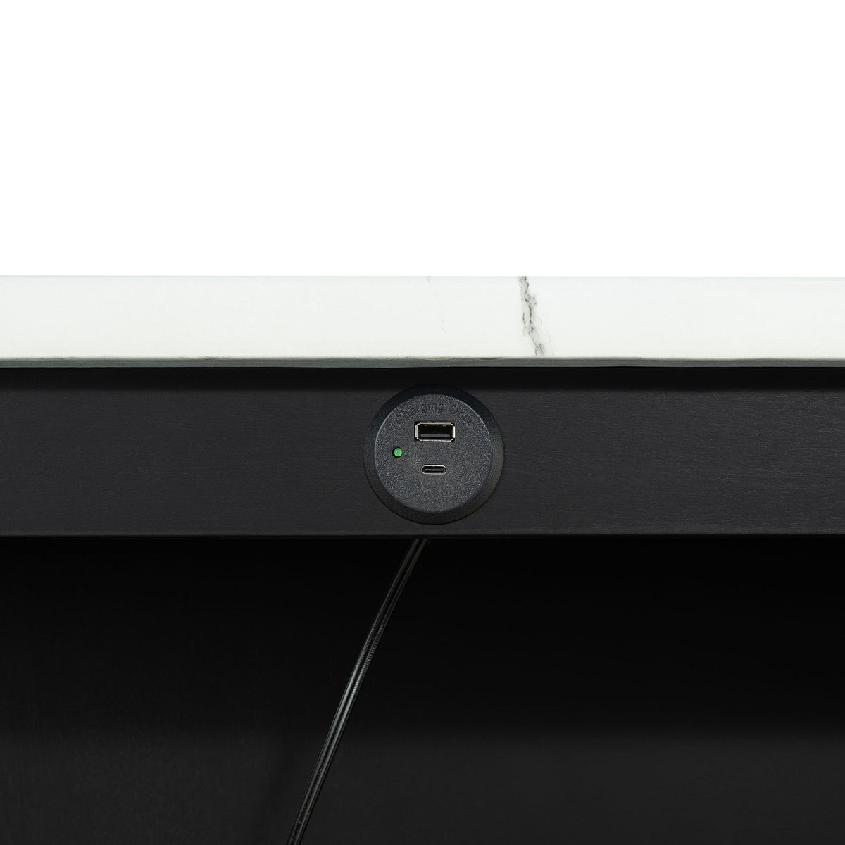 Chalcedony dining table, USB-A and USB-C charging port, black apron close-up