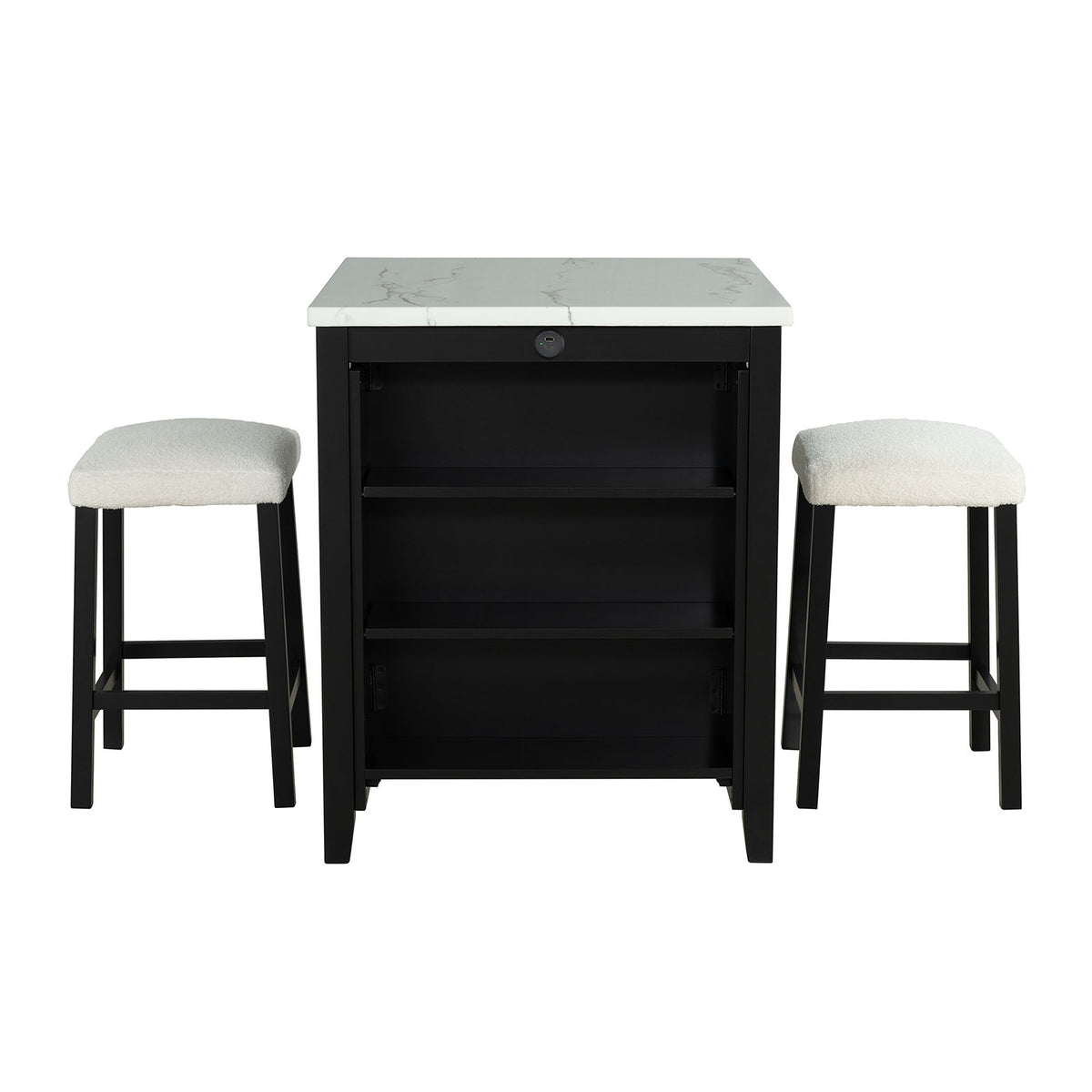 Chalcedony 3-Piece Dining Table Set, black base and ivory stools, front view