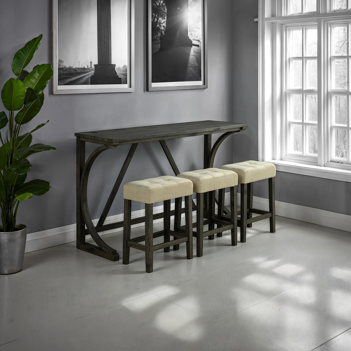 Ptolema Brown/Beige 4-piece dining set, pub table and three beige stools, lifestyle view