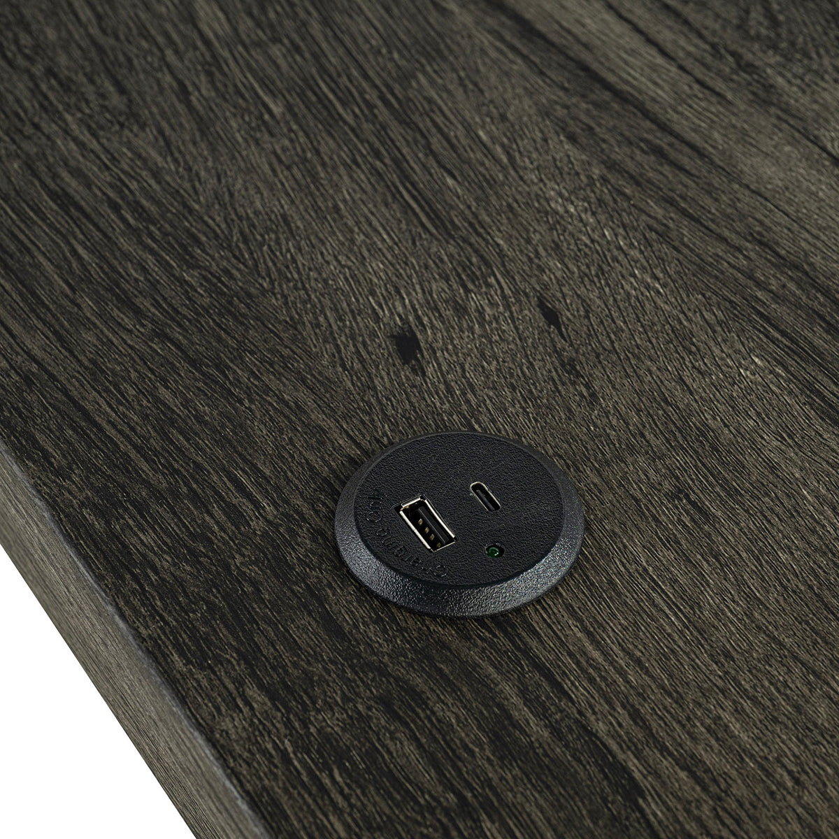 Ptolema Brown/Beige dining table USB charging port, dark wood grain close-up