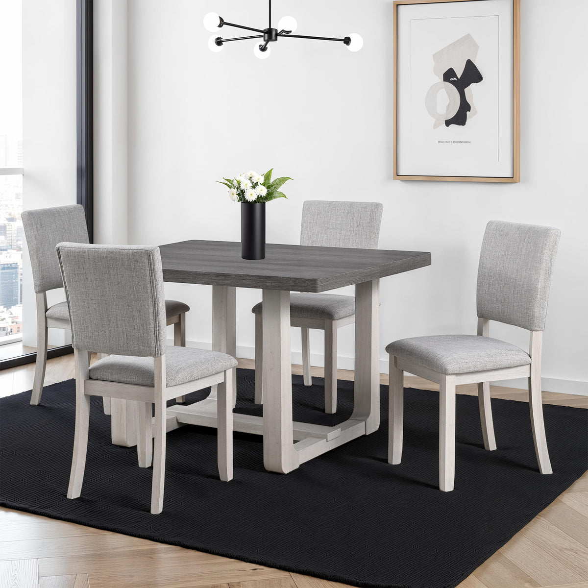 Sauro Gray dining set, gray rectangular table with four upholstered chairs, clean lifestyle view