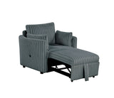 Denholme Dark lounge chair with pull-out ottoman, dark gray ribbed fabric, front three-quarter view