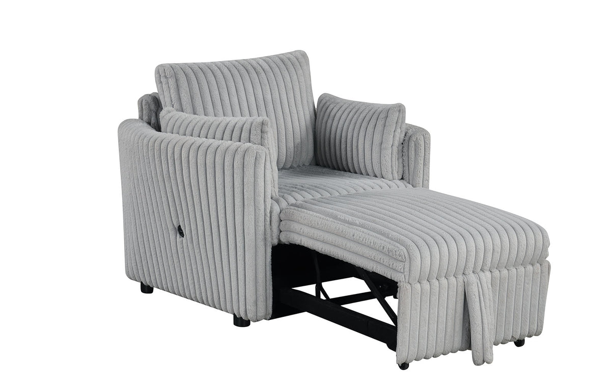Denholme Gray chair with pull-out footrest, gray ribbed upholstery, three-quarter view