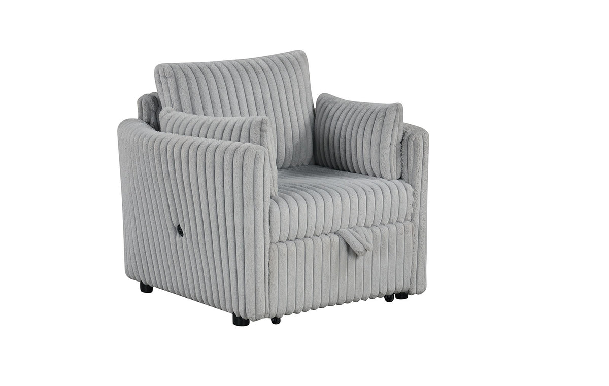 Denholme Gray chair, gray ribbed faux-fur upholstery, three-quarter angle with footrest closed