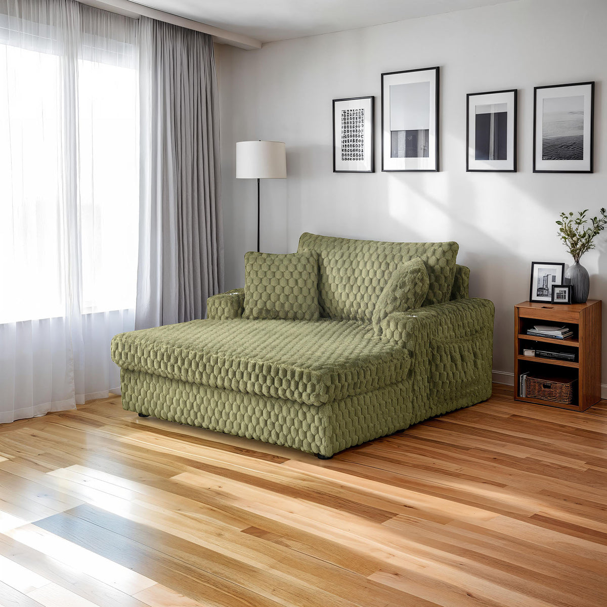 Ferryhill Olive 2-Arm Chaise in olive green faux-fur texture, three-quarter view