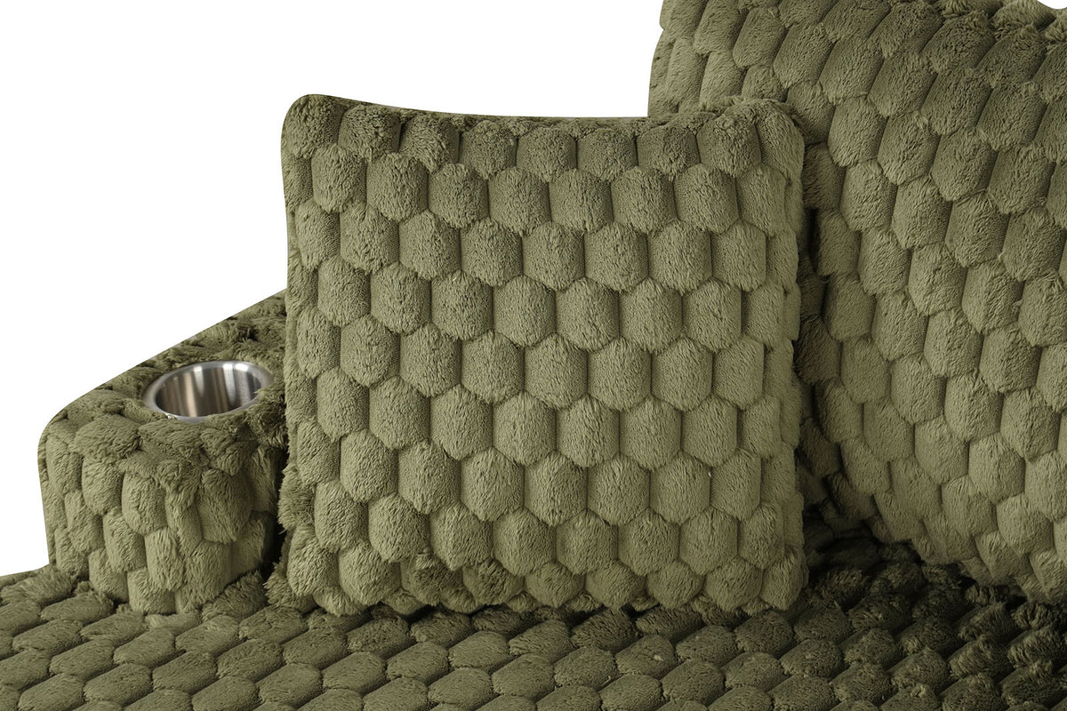 Ferryhill Olive chaise with two matching pillows, olive green plush texture close-up