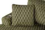 Ferryhill Olive chaise with two matching pillows, olive green plush texture close-up