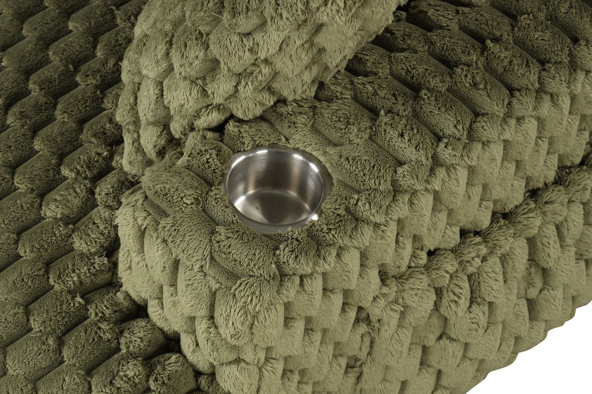 Ferryhill Olive chaise cup holder detail, stainless steel inset in olive green plush arm