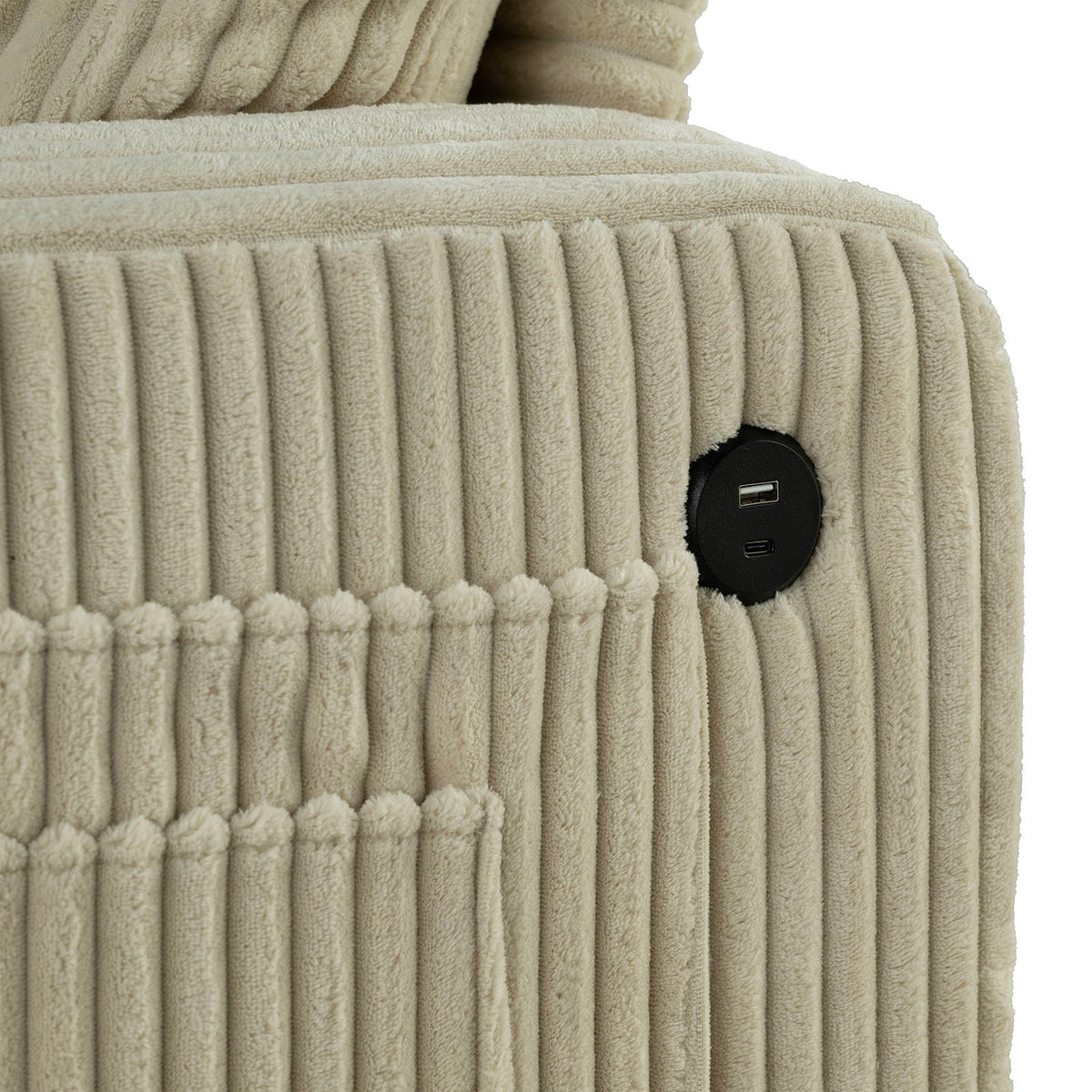 Moretaine Beige sofa arm detail, USB-A and USB-C charging ports, corduroy texture close-up