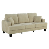 Moretaine Beige sofa, corduroy upholstery and black legs, three-quarter front view