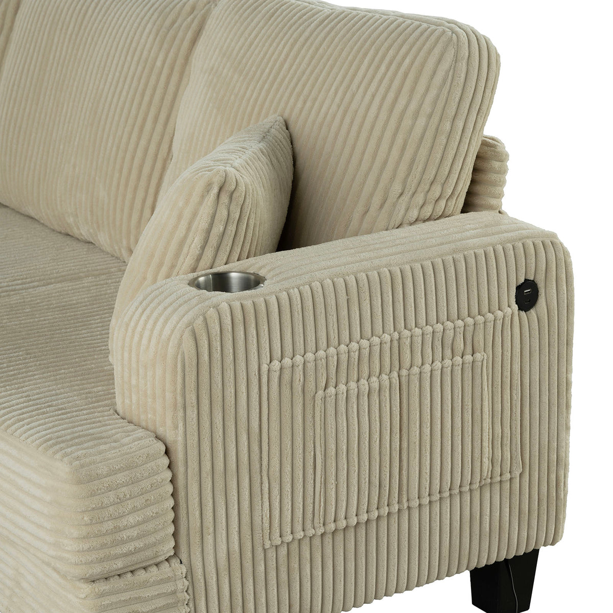 Moretaine Beige sofa arm detail, cup holder and side pocket, corduroy texture close-up