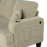 Moretaine Beige sofa arm detail, cup holder and side pocket, corduroy texture close-up