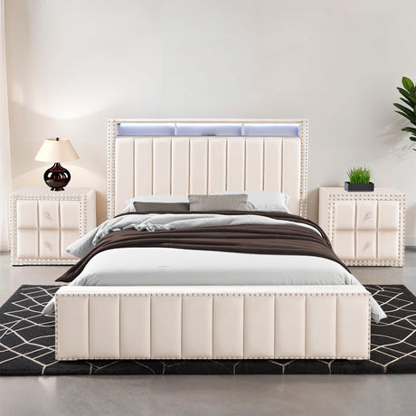 Farese Beige Queen Bed with 2 Nightstands from Furniture of America - Luna Furniture