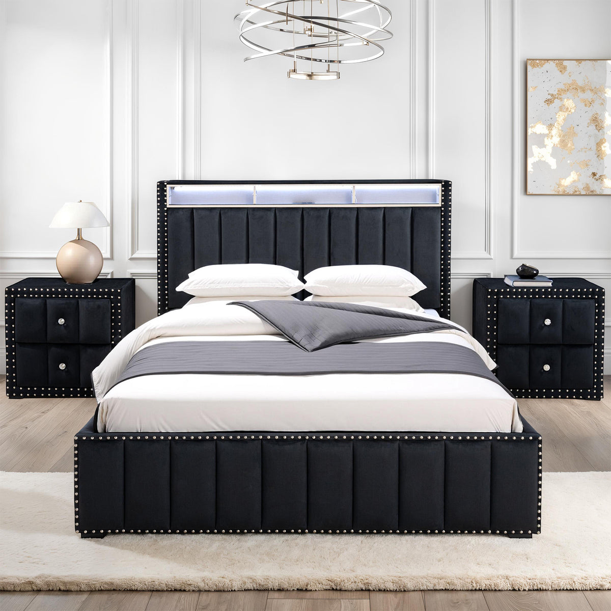Farese Black Queen Bed with 2 Nightstands from Furniture of America - Luna Furniture
