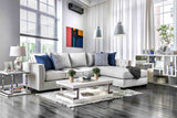 Ornella Light sectional sofa, light gray upholstery and blue pillows, front living room view