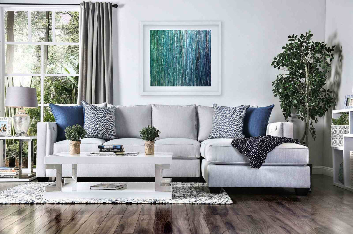 Ornella Light sectional sofa, light gray upholstery and chaise, straight front view
