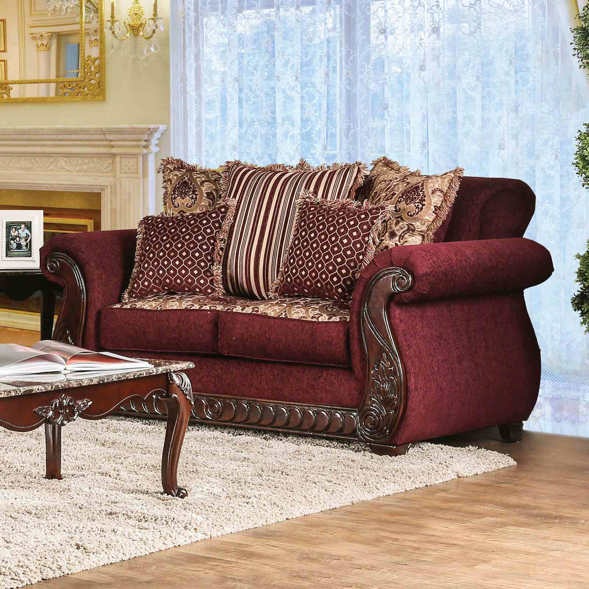 Tabitha Wine/Gold Traditional Living Room Set from Furniture of America - Luna Furniture