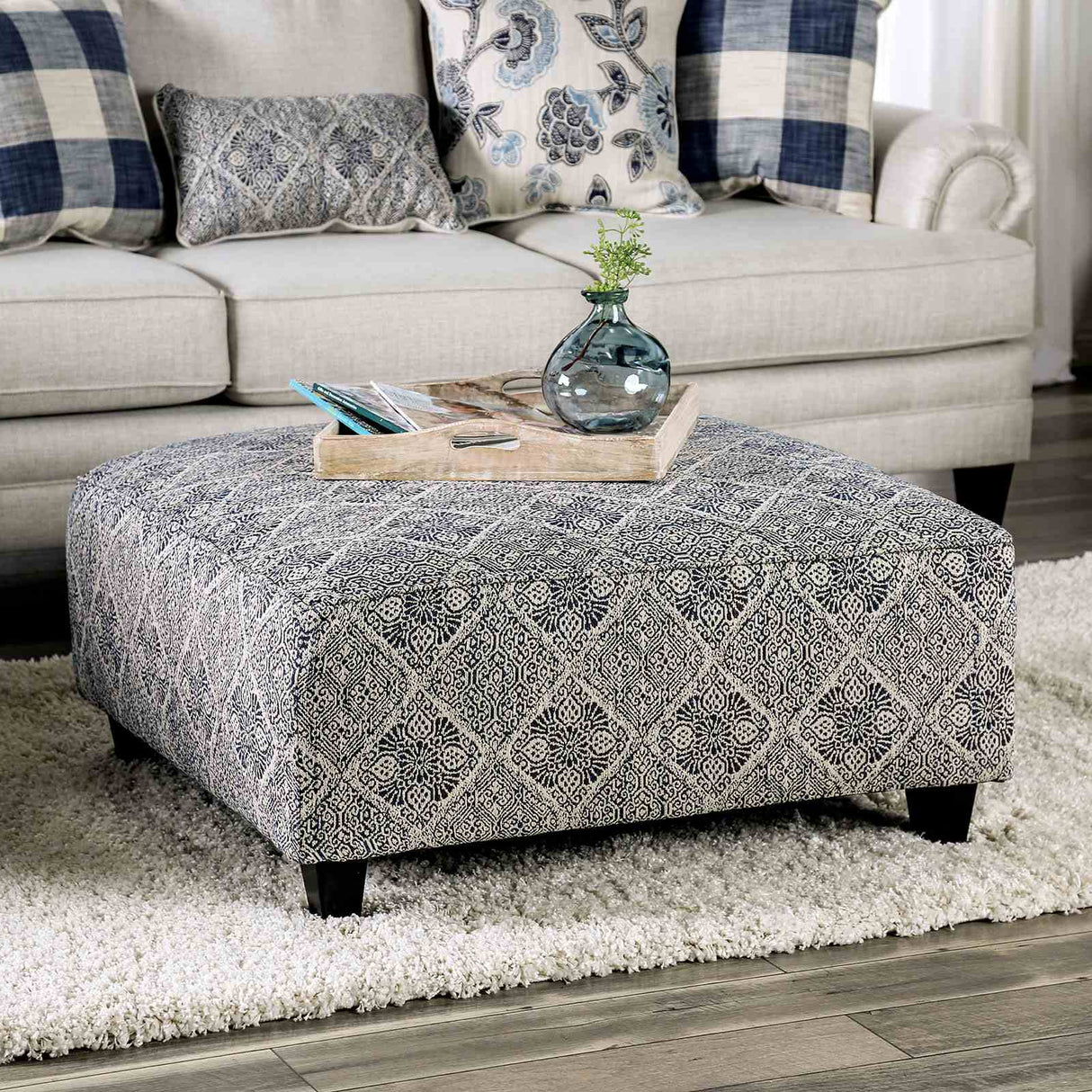 Nash Ivory/Navy Ottoman from Furniture of America - Luna Furniture