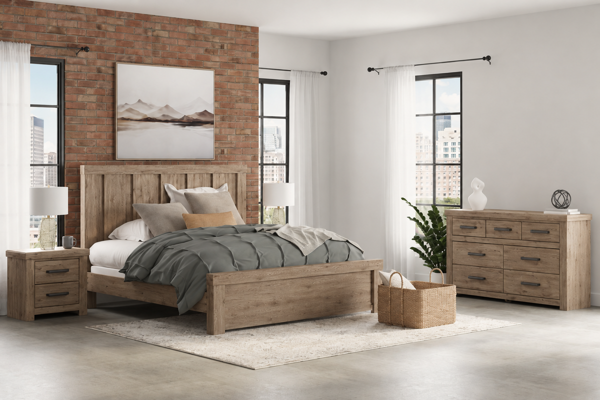 Oliandon Light Brown King Panel Bed, Dresser and Nightstand