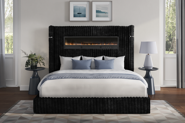 Fitzroy Black Upholstered Queen Bed with Fireplace