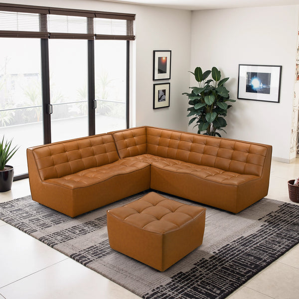 Selen Cognac Corner Sectional Sofa with Ottoman