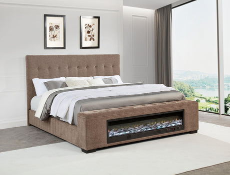 Senna Brown Upholstered California King Audio Fireplace Bed from Coaster - Luna Furniture