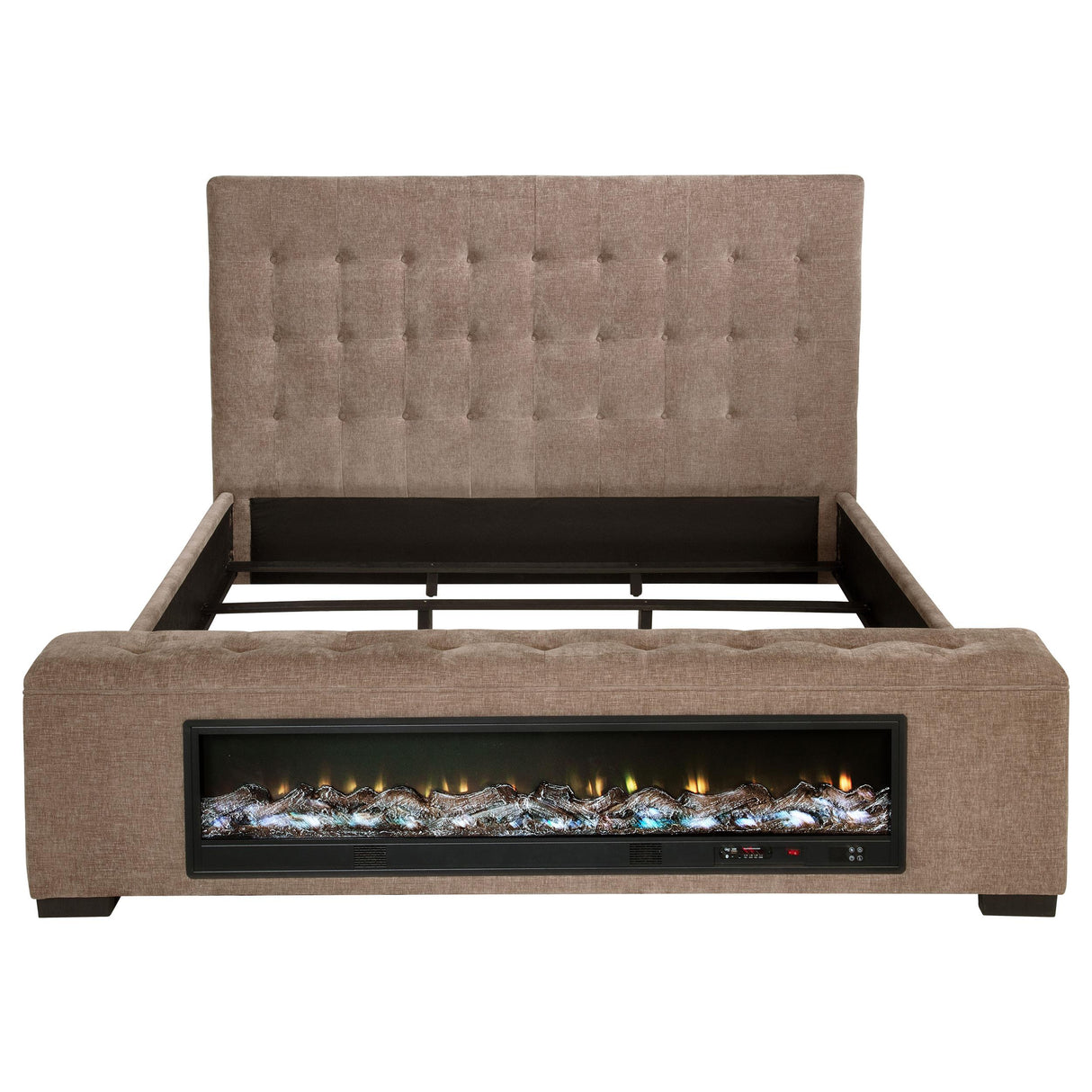 Senna Brown Upholstered California King Audio Fireplace Bed from Coaster - Luna Furniture