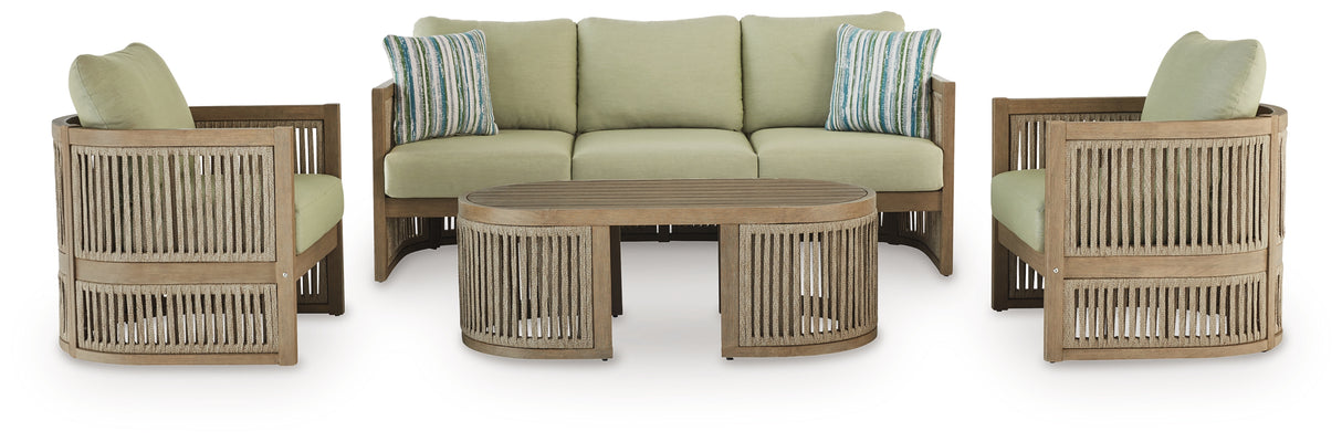 Serena Shores Outdoor Sofa and 2 Chairs with Coffee Table in Beige/Green from Ashley Furniture - Luna Furniture